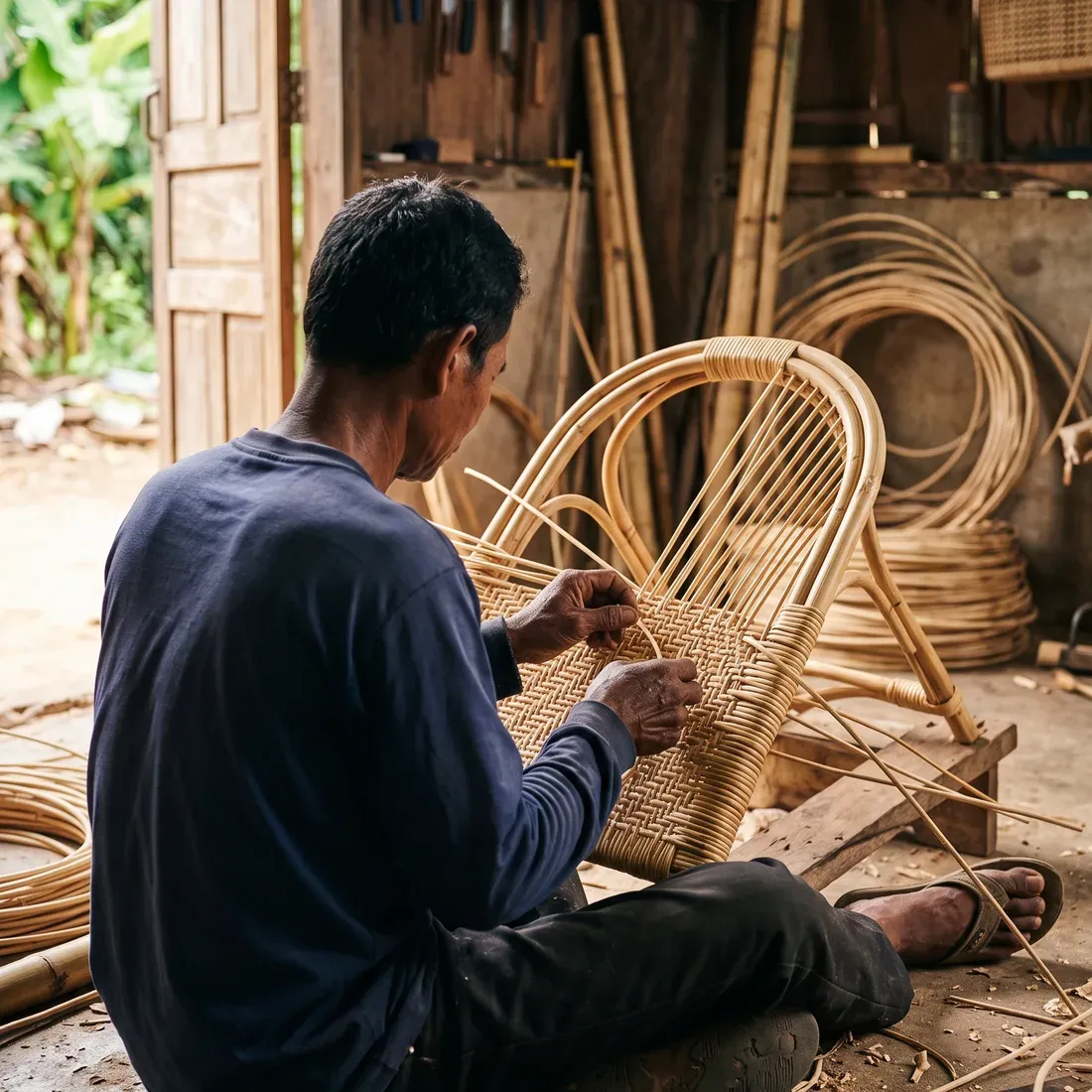 A craftsman weaving a rattan chair frame in Cambodia