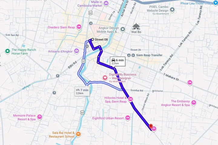 Google Maps driving route from central Siem Reap to the shop