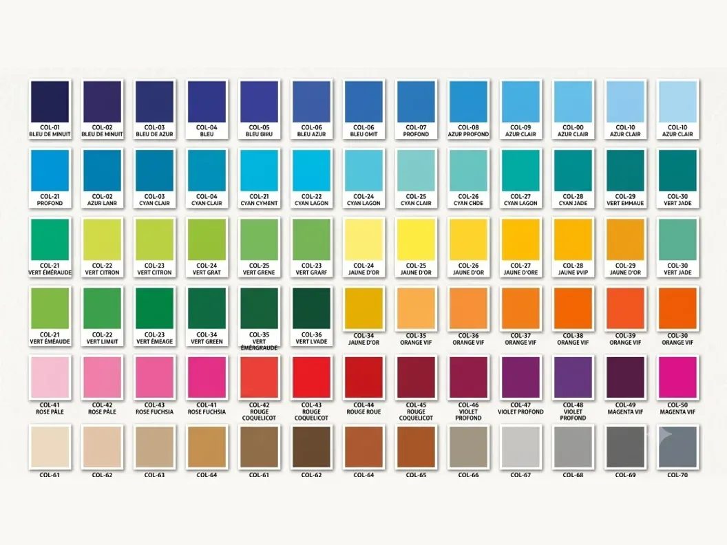 A reference chart of around seventy cushion fabric colours, each numbered and named