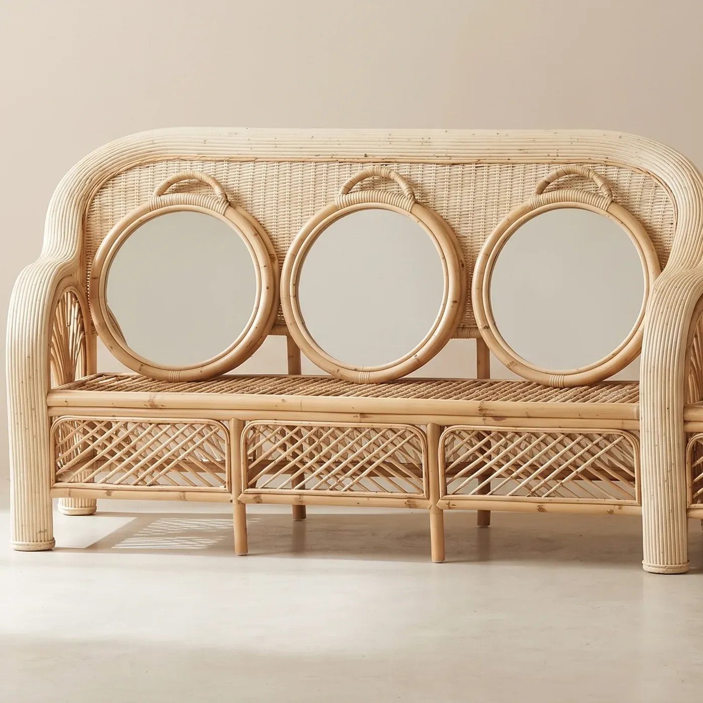 Rolled armrests, three round medallions
