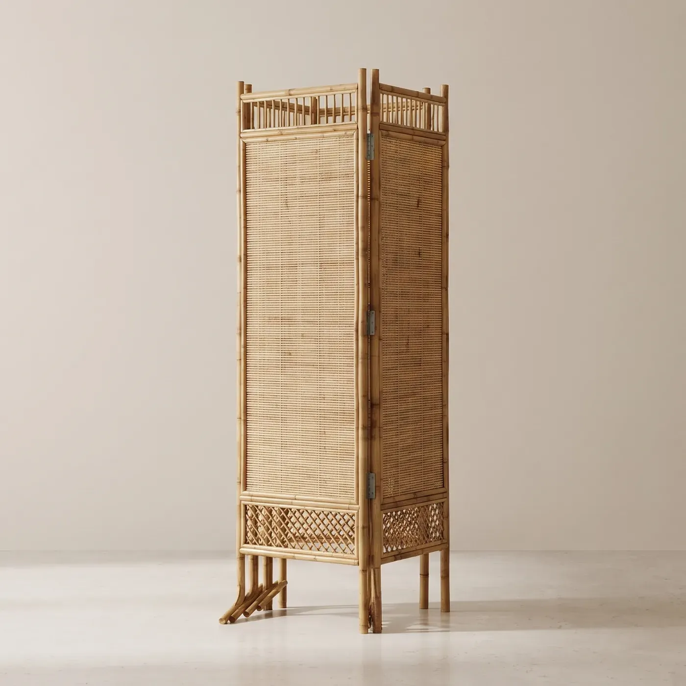 Three hinged panels, fine vertical slats